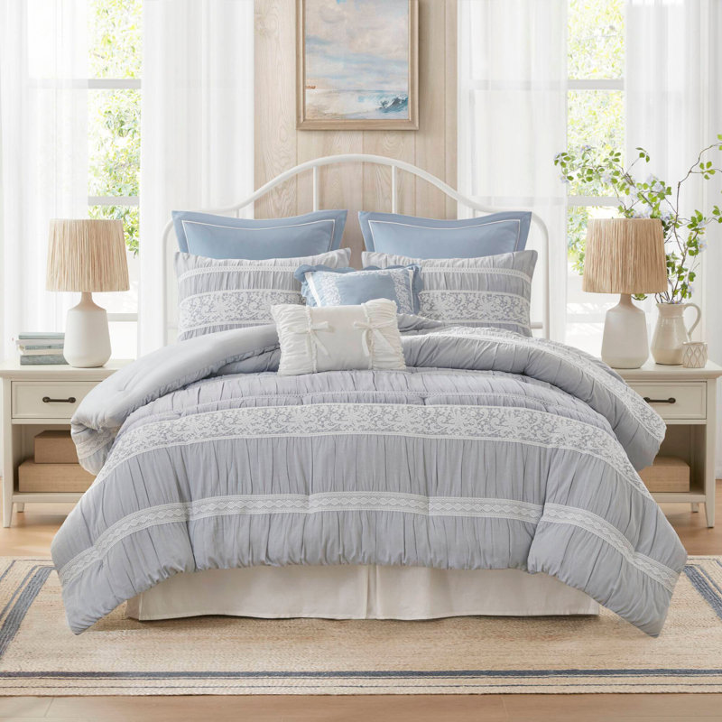 Ensemble d'édredon de style contemporain, Rayures bleues, Édredon de grande taille et 6 pièces supplément