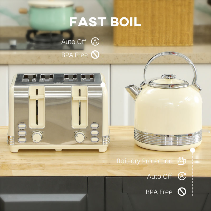 HOMCOM 1.7L 3000W Fast Boil Electric Kettle and 4 Slice Toaster Set, Cream White