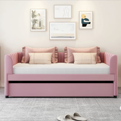 Lit de jour simple rembourré avec dossier ergonomique et lit gigogne, lit d'invité rose pour enfants ou petits espaces