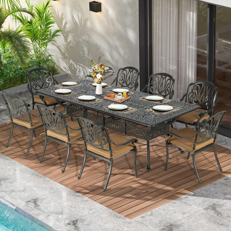 Ensemble de salle à manger de patio 9 pièces pour 8 personnes, ensemble de table et chaises de patio en aluminium coulé toutes saisons - table rectangulaire de 94,5 po et 8 chaises de jardin, trou pour parasol 2 po