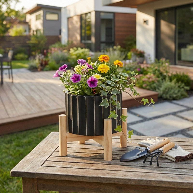 Modern Ribbed Ceramic Outdoor Planter on Stand for Home Decor - Modern Indoor Flower Pot with Natural Wood Stand for Living Room or Patio Styling