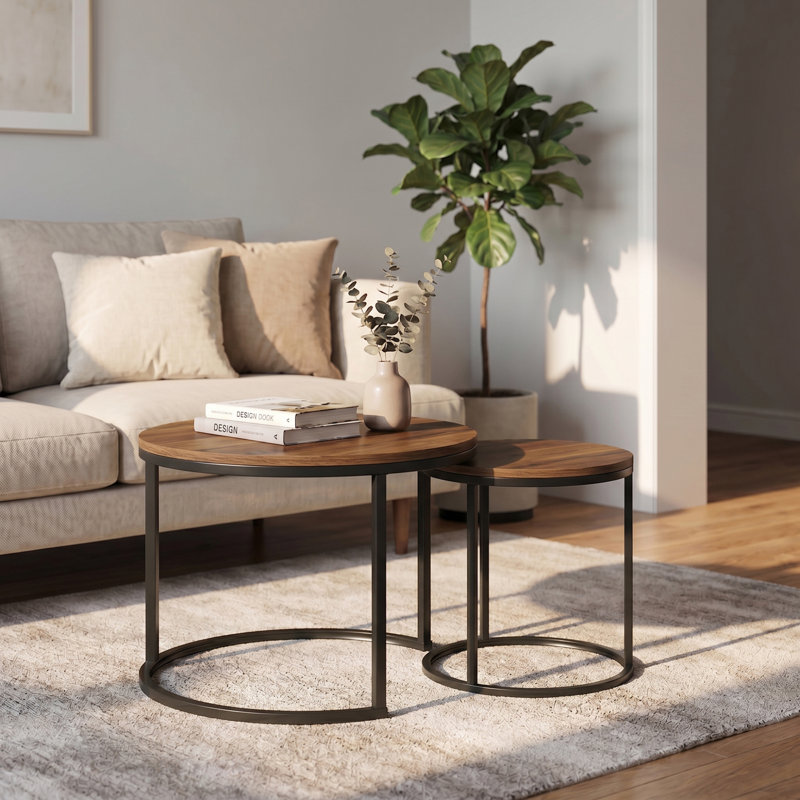 Hadee Round Nesting Coffee Table, Walnut, Black