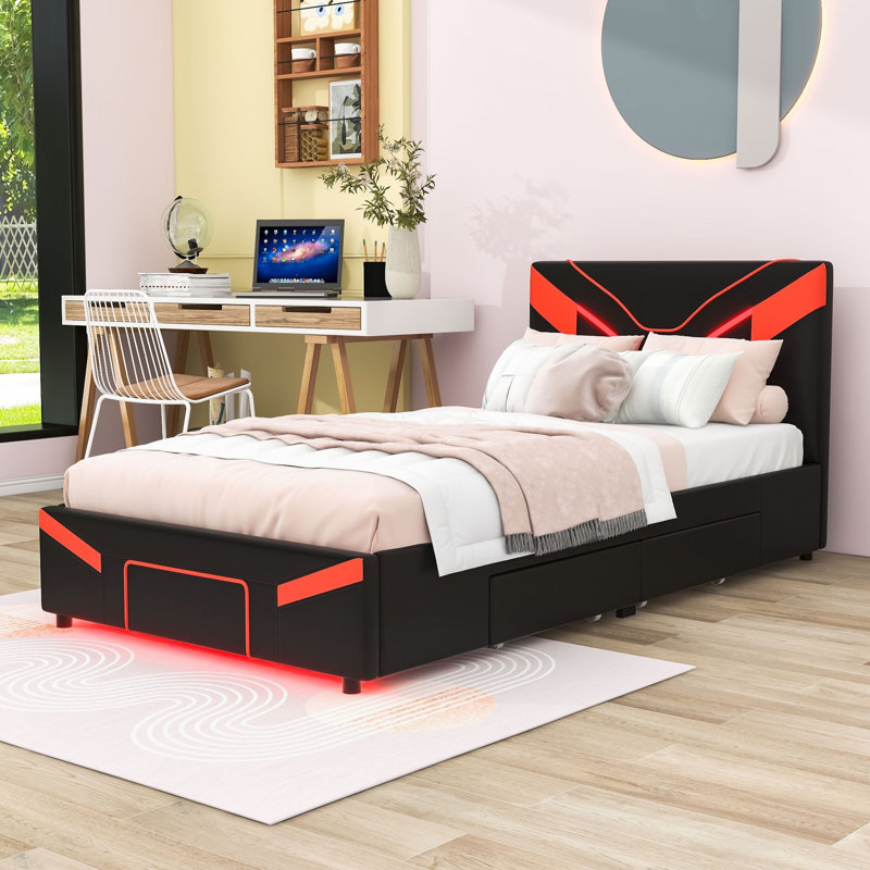 Lit simple tapissier à DEL avec similicuir en polyuréthane de qualité supérieure et tiroirs de rangement intelligents, Rouge