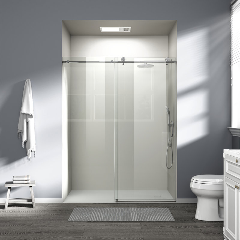 56" - 60" W X 76" H Single Sliding Shower Door, Frameless Bathroom Sliding Door With 1/4" (6Mm) Tempered Glass For Walk-In Shower, Brushed Nickel