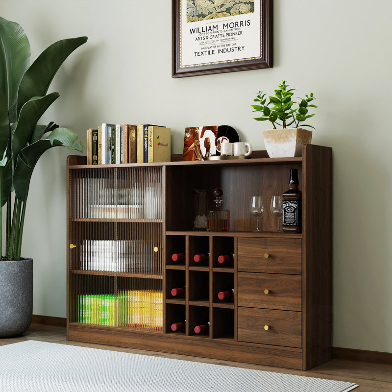 Armoire à vin avec rangement ouvert et 2 portes coulissantes en verre rayé