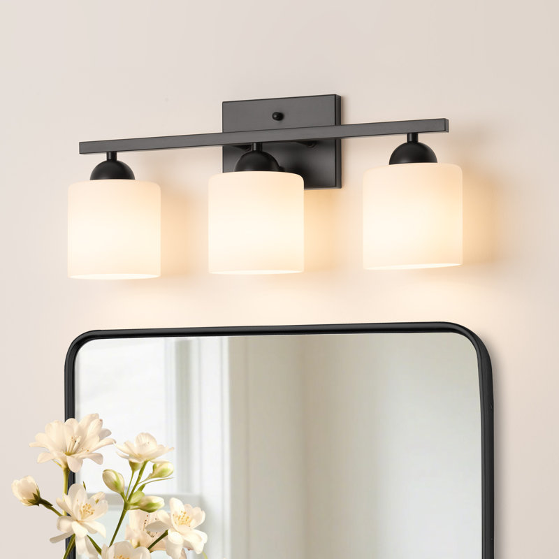 Luminaire de meuble-lavabo 3 lumières avec abat-jour en verre opale, Noir mat, 3
