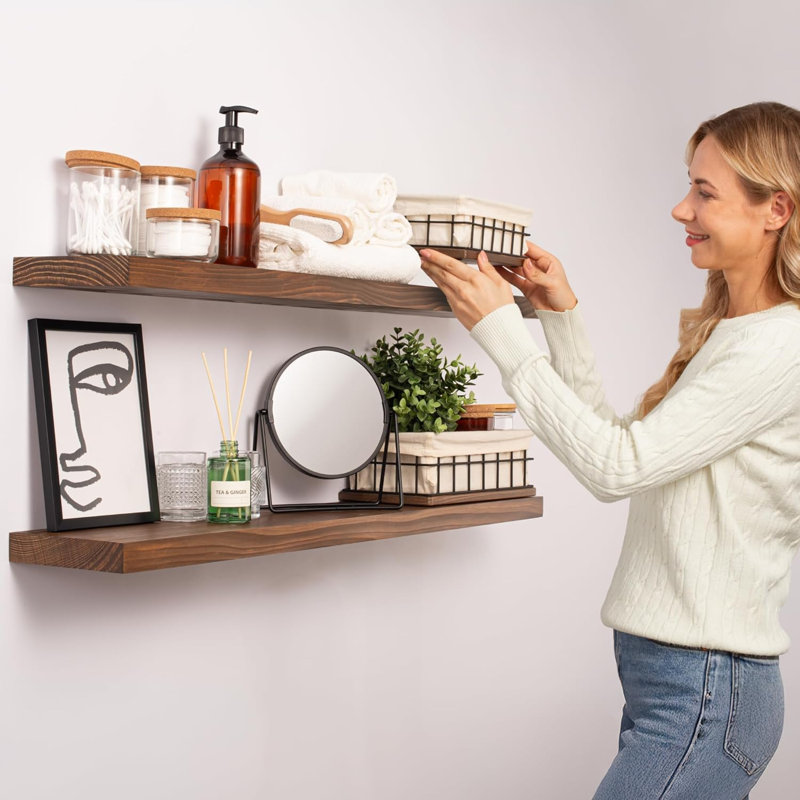 Solid Wood Floating Shelves For Wall - Handcrafted Rustic Black Shelves For Bathroom, Kitchen, Bedroom, Living Room - Includes Hidden Brackets For Easy Installation