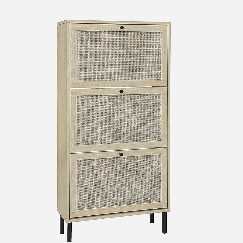 Rattan 3 Door Shoe Rack, Freestanding Modern Shoe Storage Cabinet
