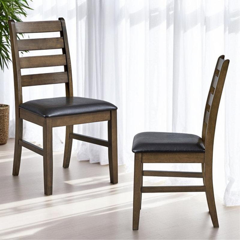 Damica Brown Synthetic Leather & Walnut Side Chair  [SET OF 2 PCS]