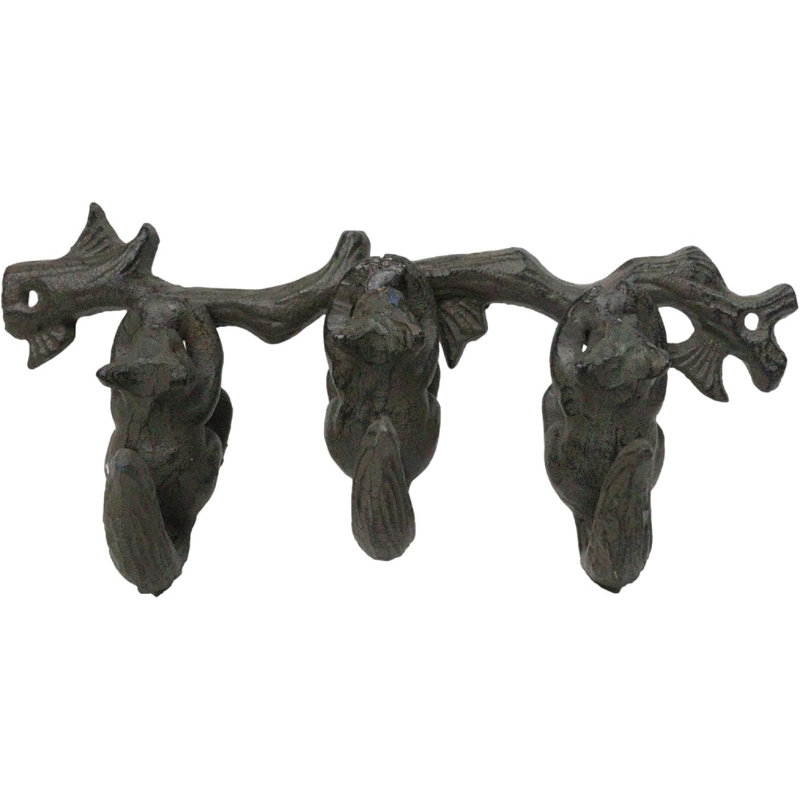 Rustic Country Cast Iron Squirrel On Tree Branch 4-Peg Wall Coat Hooks 13"L