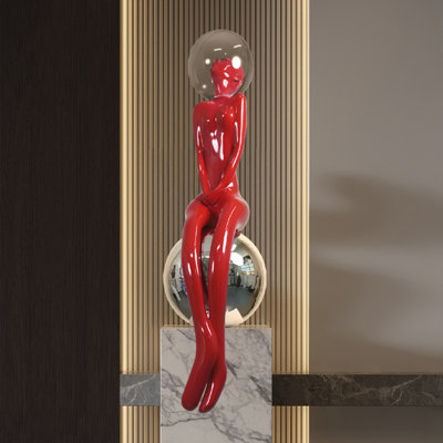64.96" H Red Abstract Sitting Girl Floor Sculpture, Fiberglass Figure Statue, Art Decoration for Hotel Lobby