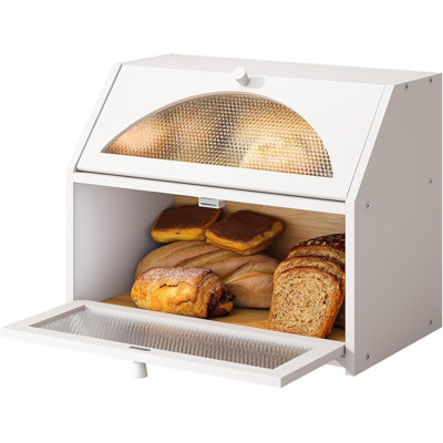 Bread Box For Kitchen Countertop Double Layer Bread Box Storage Container Extra Large Capacity Farmhouse With Diamond Pattern Windows