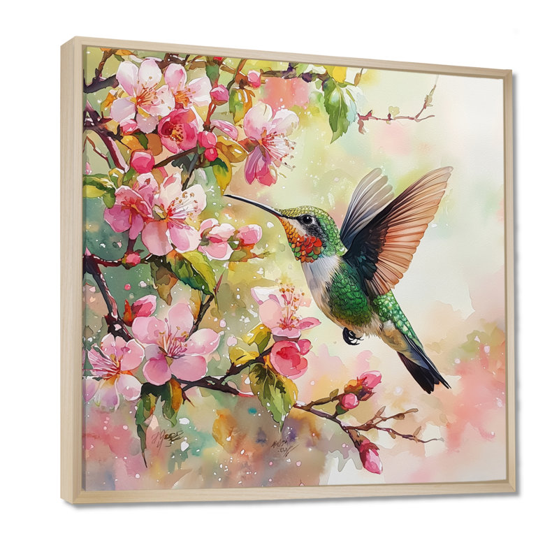 Colibri dans les fleurs II - Art mural colibri, Impression encadrée flottante, Crème, crème, H 30 po x l 30 po