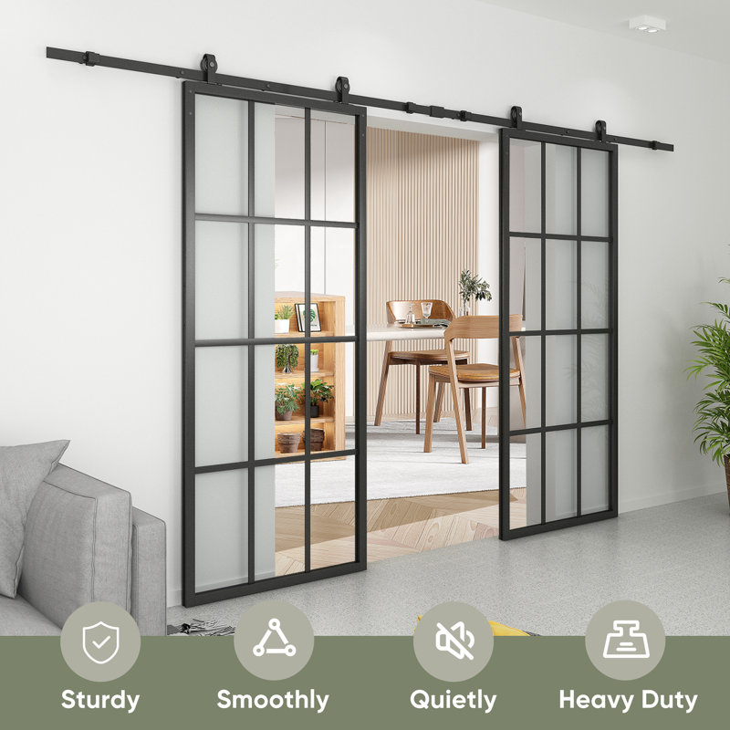 Porte de grange double en verre transparent avec quincaillerie d'installation, porte de grange coulissante, 60 po x 84 po