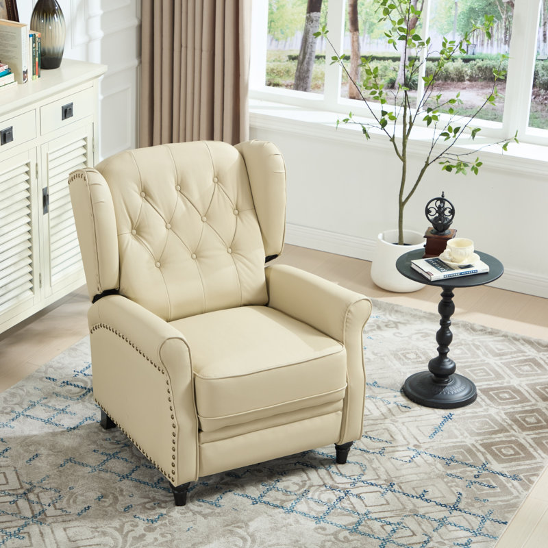 Fauteuil inclinable classique à oreilles de 79 cm de large en cuir pleine fleur, Cream Beige Top Grain Leather