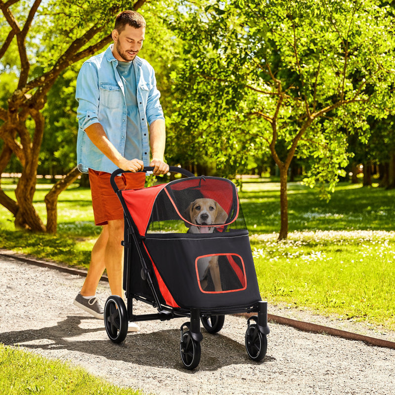 Foldable Standard Stroller Pet Stroller with Storage Smooth Ride with Shock Absorption, Red/Black