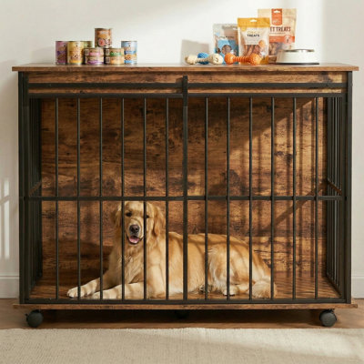 Table de bout pour chien 43,3 po avec roulettes et porte verrouillable avec cadre en métal pour chiens de taille moyenne à grande 43 po