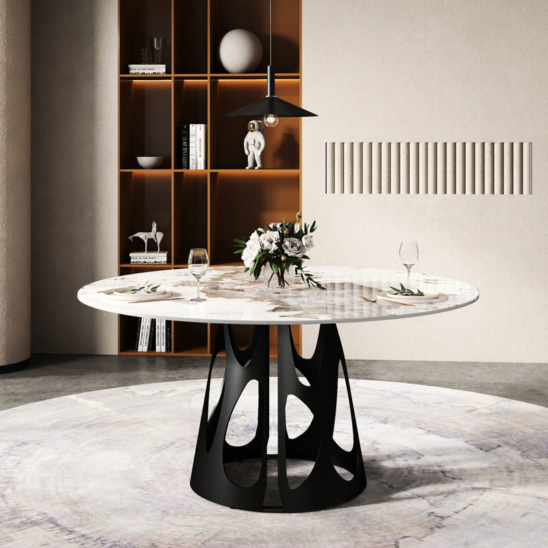 Table de salle à manger de 58,79 po en pierre frittée ronde blanche avec base en fer noir pour 6 à 8 personnes
