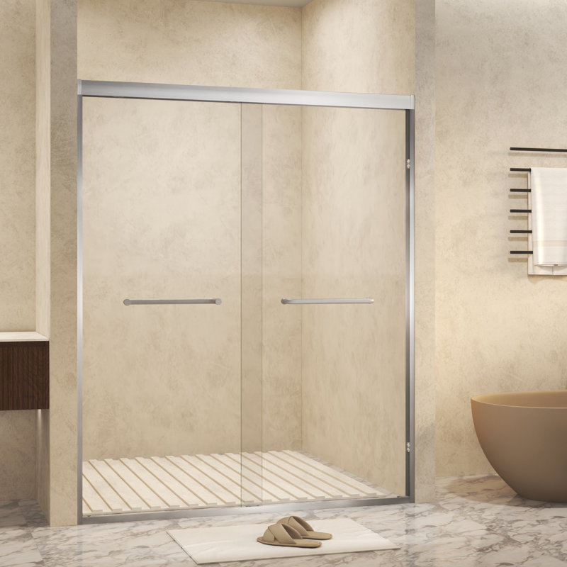 Porte de douche coulissante double Premium 56 à 60 po x 72 po, verre trempé 1/4 po, structure en nickel brossé