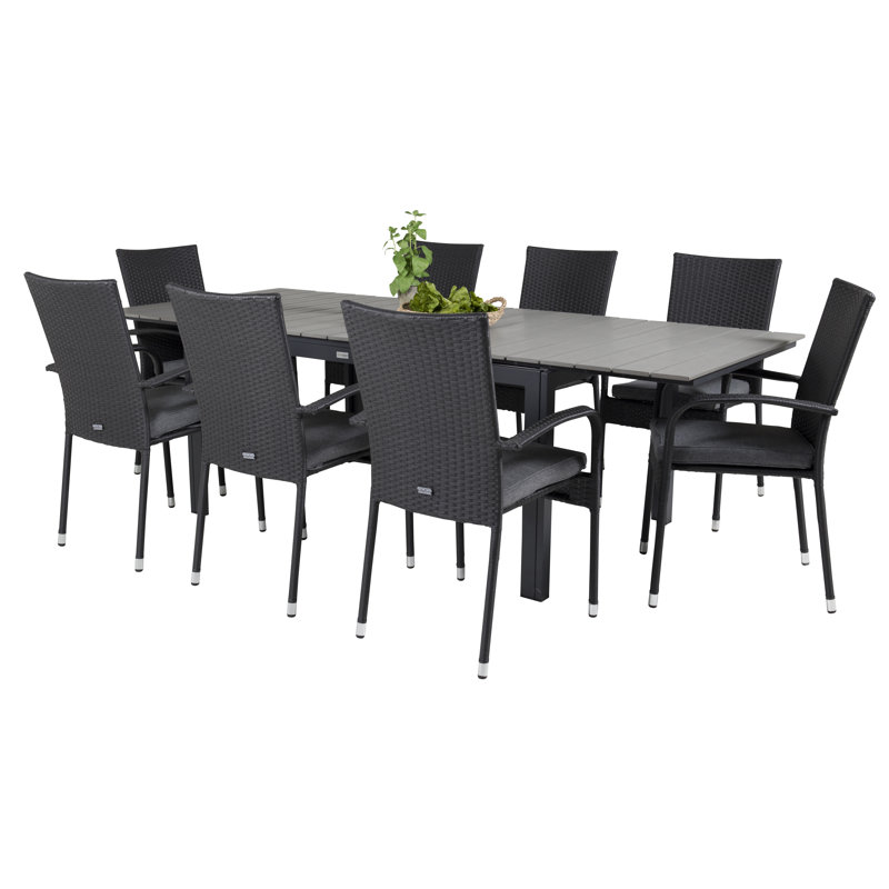 Faiyaz 8 - Person Patio Dining Set with Extendable Rectangular Table , Cushions Included, Black
