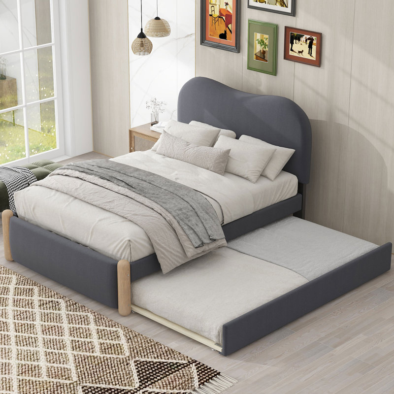 Gray Upholstered Bedroom Platform Bed  With Twin Trundle, Gray, Twin