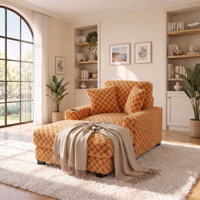 60.6" Oversized Chaise Lounge Chair with Adjustable Backrest, Diamond-Pattern Fabric Sleeper Chair with Charging Port, Cup Holder, Wood Frame and 2 Pillows, Lazy Reading Lounge Chair for Bedroom, Orange