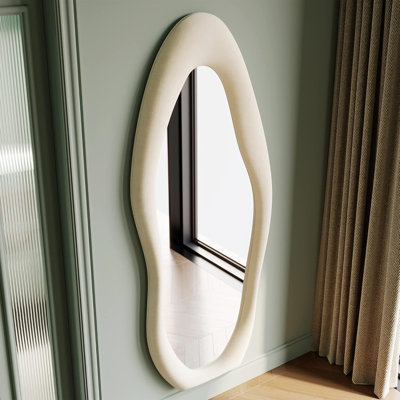 Full Length Mirror With Flannel Wrapped Wooden Frame, Irregular Wavy Design Wall Mirror, Large Floor Mirror For Bedroom Living Room Cloakroom, Premium Floating Glass For HD Reflection