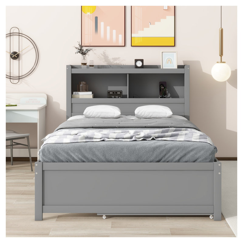Lit plateforme double avec lit gigogne, tiroirs et ports USB - Structure de lit de rangement en pin gris avec tablettes de tête de lit