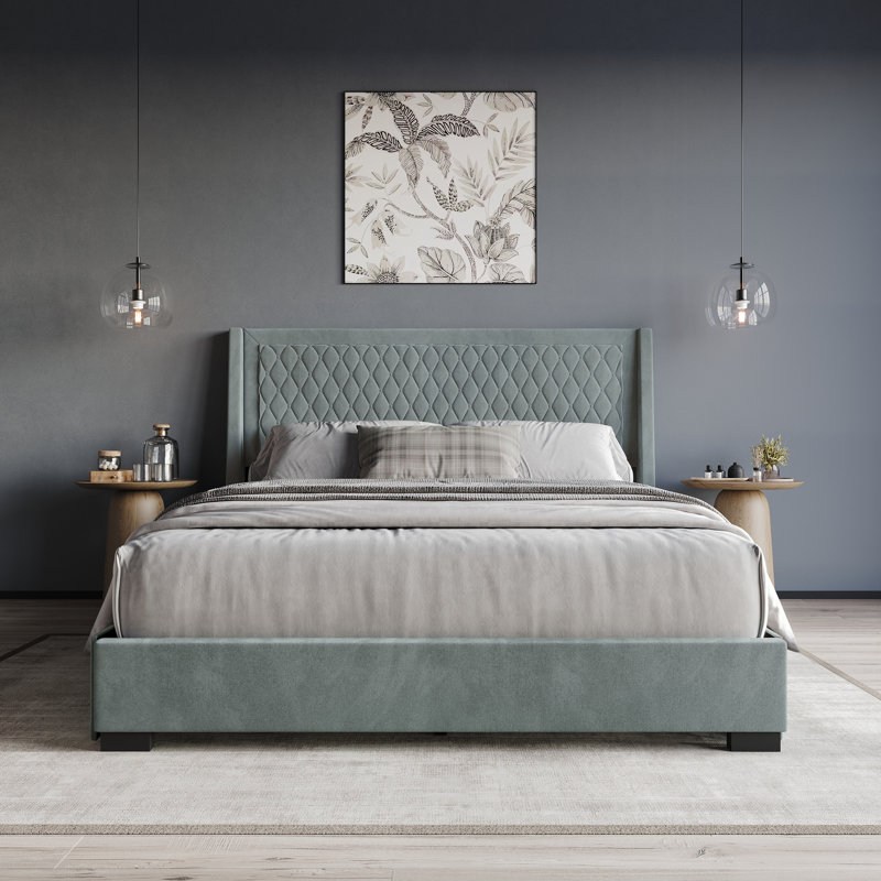 Lit plateforme double avec rangement en velours gris, Bleu clair, Double