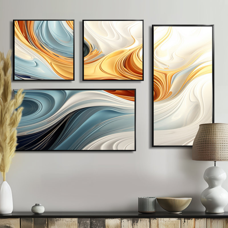 Vague rétro bleue et orange élégante II - art mural moderne 4 pièces, Impression encadrée sans passe-partout, Noir