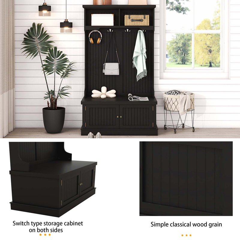 Hall Tree With Storage Shoe Bench For Entryway And Hallway, 4-In-1 Design Coat Racks With 4 Hooks For Living Room, Black