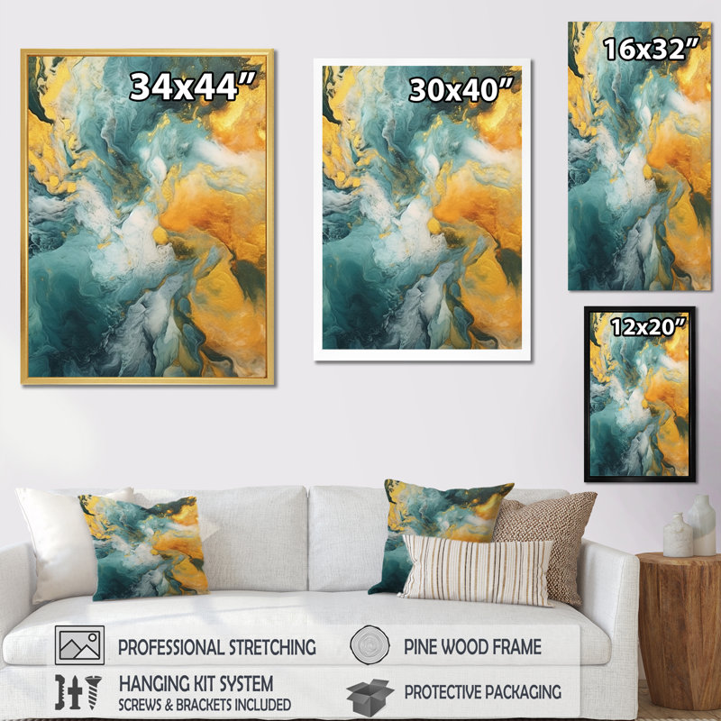 Vagues d'or océaniques abstraites I - peinture abstraite murale, salon, H 40 po x l 30 po x P 1,5 po, Cadre flottant blanc