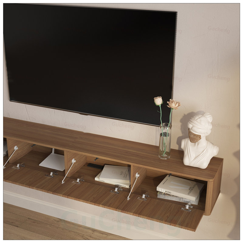 Meuble télé flottant, tablette murale avec lumières DEL et prises de courant, finition brillante pour les salons modernes