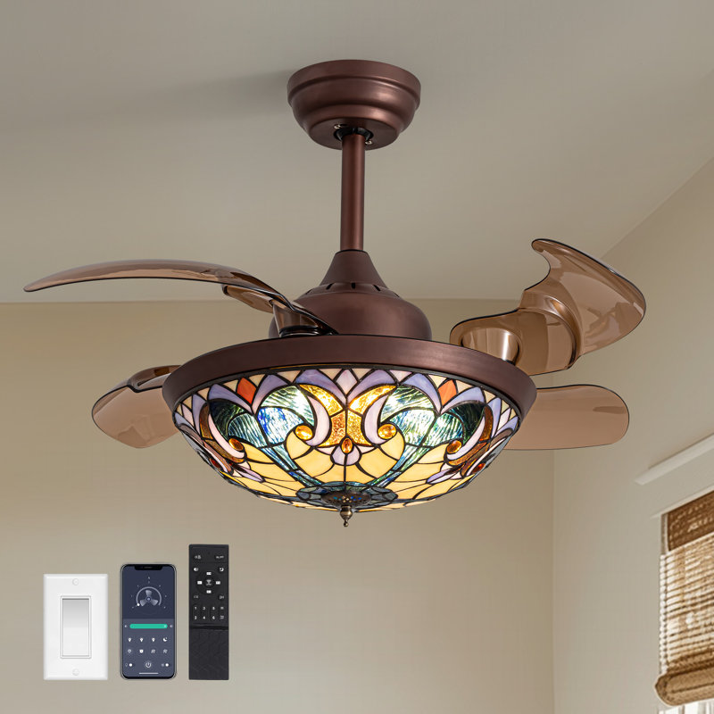 Ventilateur de plafond 36 po à pales rétractables avec lumière DEL et télécommande, ventilateur de vitrail Tiffany, 36"