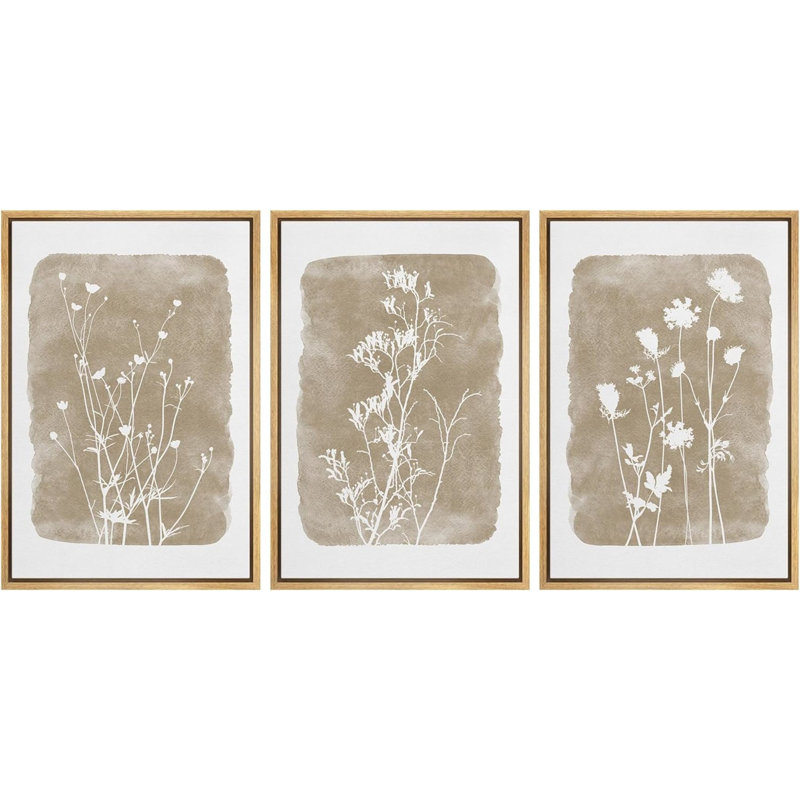 Simple Rustic Botanical Floral Vintage Wildflower Pictures Framed On Canvas 3 Pieces Print Wall Art, Natural