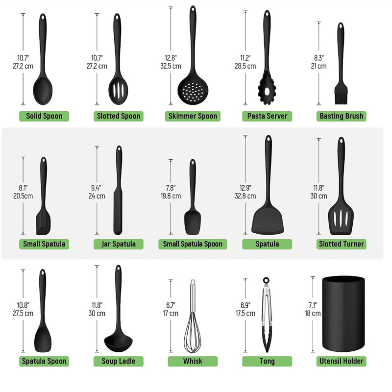 15 PCS Silicone Cooking Utensil Set, Kitchen Utensils Set, Black