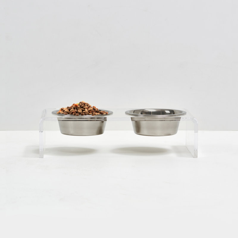 Clear Elevated Feeder with Silver Bowls, 1.5 cups