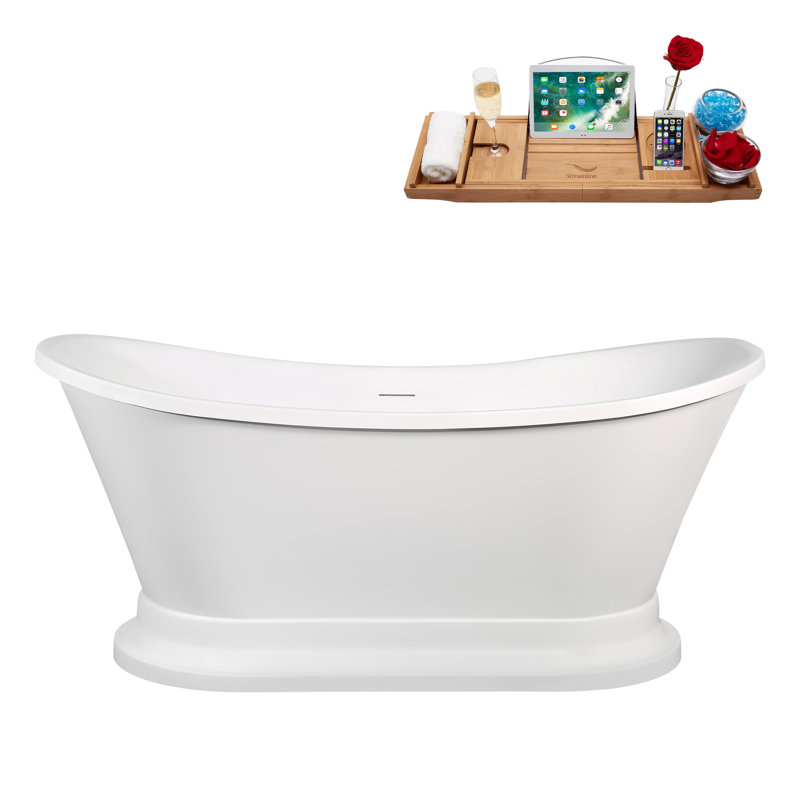 60" Streamline Soaking Acrylic Freestanding Bathtub, Bamboo Tray, Drain, Brushed Gold