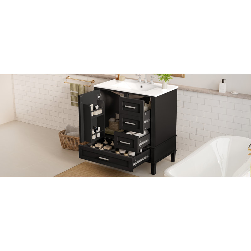 Meuble-lavabo moderne Amoura avec lavabo en céramique durable et solutions de rangement à fermeture en douceur, Noir