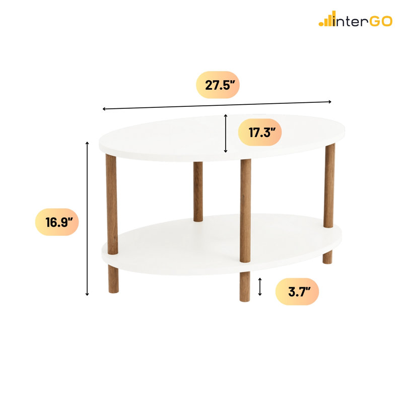 InterGo Oval Wooden Coffee Table with Modern Design, Double Decker Coffee Table, Hondah Center Table for Living Room, Stylish Newspaper and Magazine Storage (Brown)