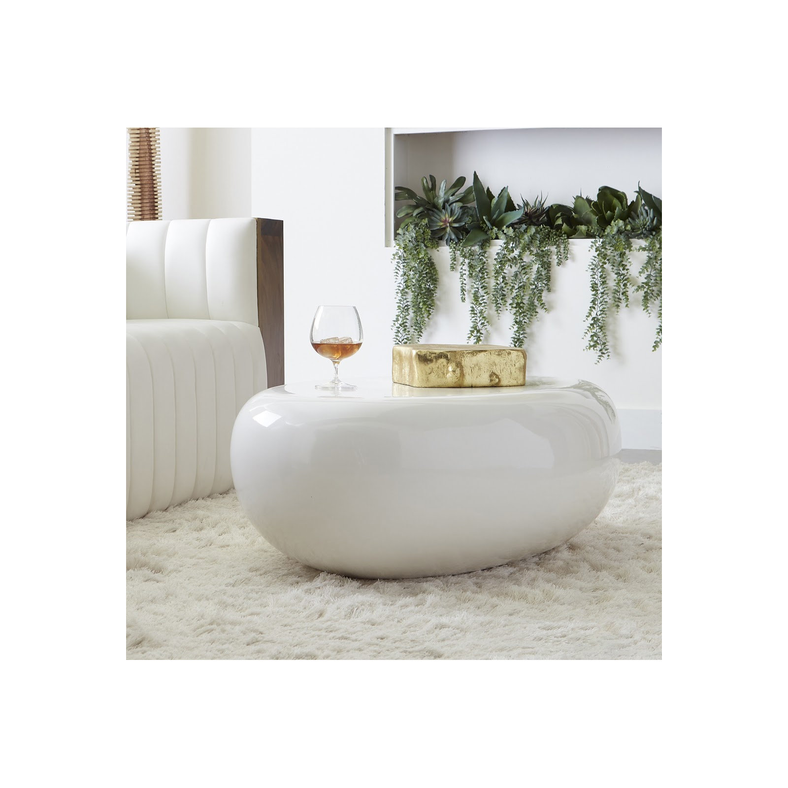 Polished Aluminum River Stone Solid Coffee Table, 14" H x 42" L x 26" W, White
