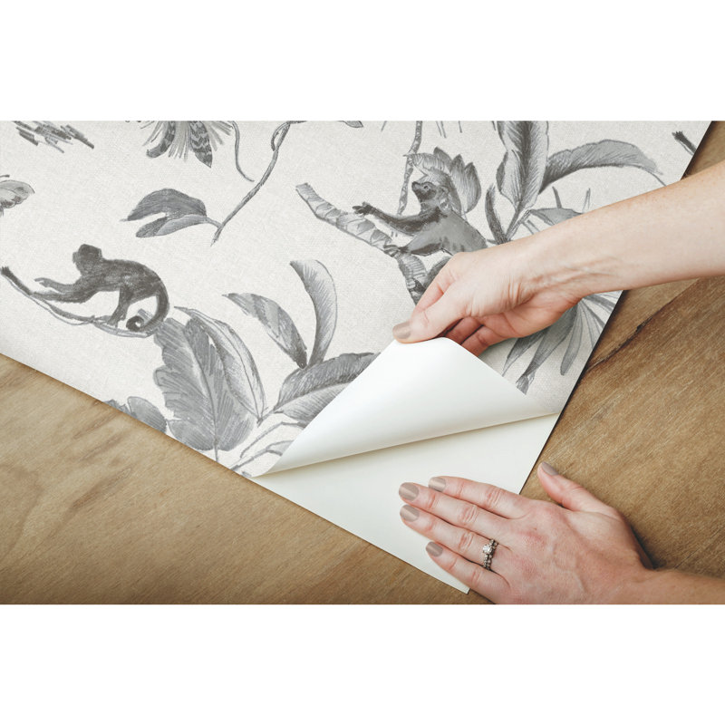 Botanicals & Lemurs Peel And Stick Wallpaper, Grey