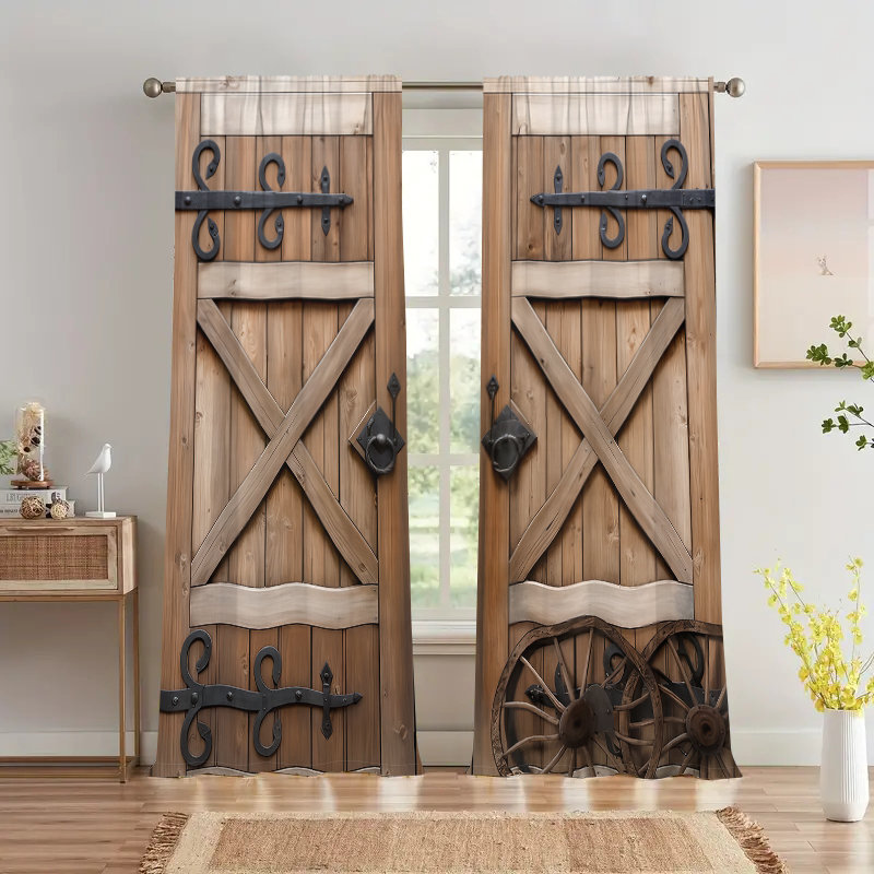2Pcs Rustic Barn Door Curtains, Wagon Wheel Design, Iron Hinges Pattern, Country Farmhouse Style, Rod Pocket Mount, Digital Printing, Suitable for Living Room, Bedroom, Kitchen, Home Decor