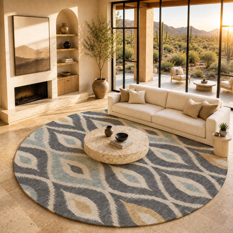 Tapis ikat intérieur / extérieur lavable à la machine Chantille ACN3121, Charcoal, Rond 8 pi