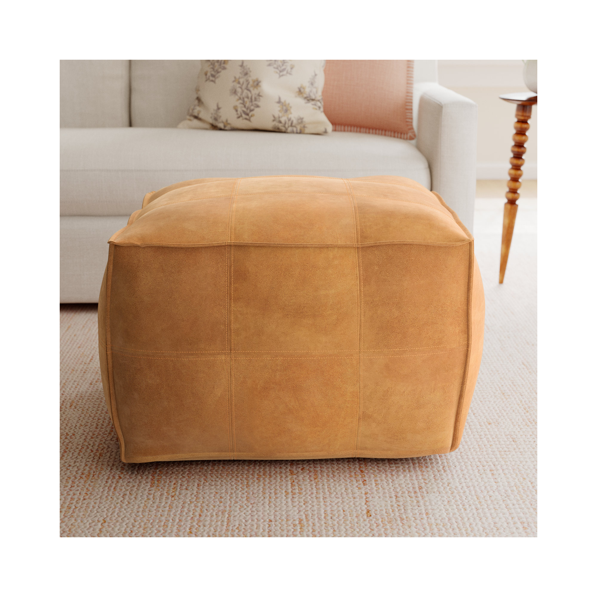 Shara Leather Pouf, Brown Genuine Leather