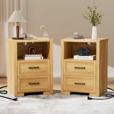 17.7'' W Nightstand with Outlets, Farmhouse Wood Night Stand Bedside Table with 2 Drawers & Open Storage