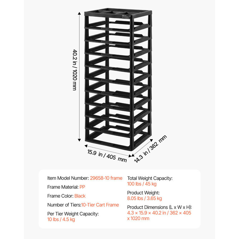 Organisateur de rangement en plastique, grande capacité à 10 niveaux avec plateau de rangement, cadre noir seulement, rangement en PP multifonctionnel pour objets de bureau, fournitures d'art et d'artisanat