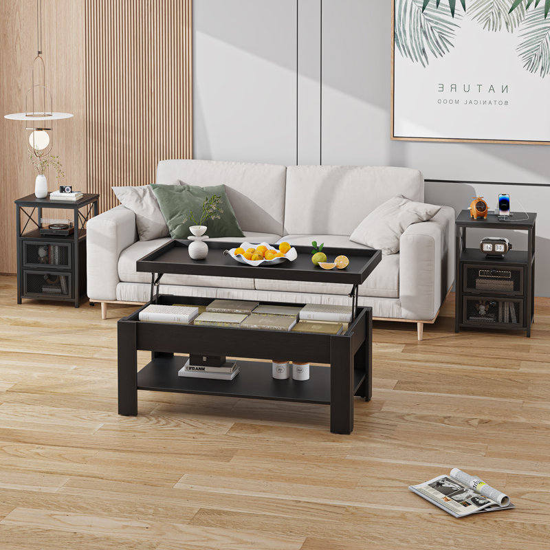 3-Piece Living Room Table Set With Lift Top Coffee Table And 2 Power Side Tables, Black Wood Grain Coffee Table Set With Hidden Storage, End Tables With 2 AC Outlets & 2 USB Ports For Living Room, Apartment, Home Office