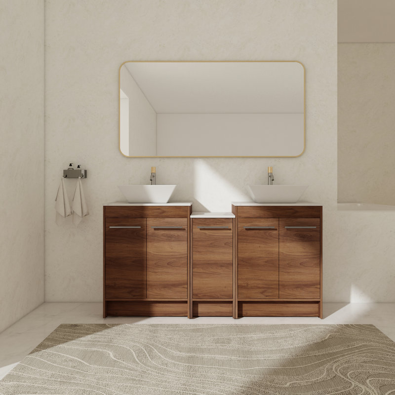 Meuble-lavabo autoportant de 58,89 po avec double vasque en céramique blanche Dawane