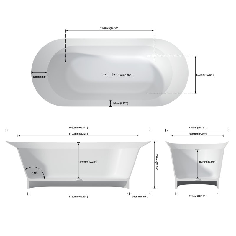 Baignoire de trempage autoportante en résine 66 po x 29 po